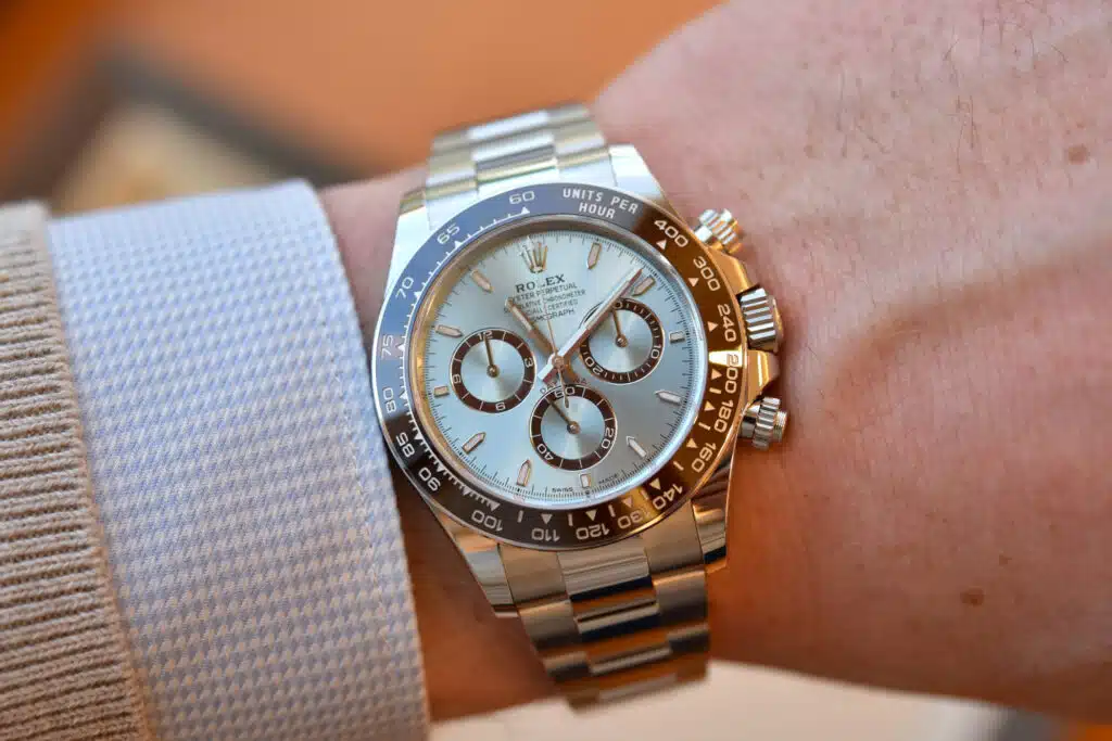 Close-up of Rolex Daytona 126506 chestnut ceramic bezel and ice-blue dial.
