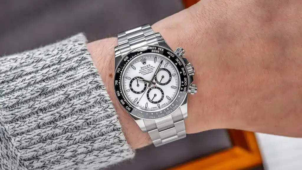 Rolex Daytona stainless steel Panda Dial on wrist close-up